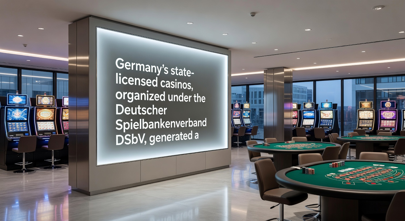 Gruppe von glücklichen Casino-Besuchern vor einer Spielbank in Deutschland, mit Neonlichtern und Eintrittstür im Hintergrund