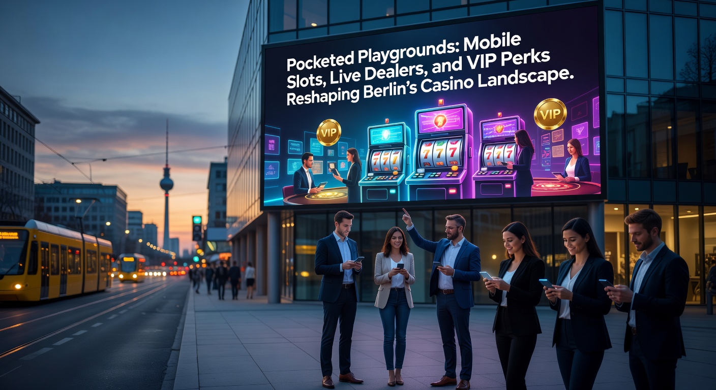 Smartphone mit laufendem Mobile-Slot-Spiel vor Berliner Casino-Fassade, symbolisiert den Übergang vom Stationären zum mobilen Glücksspiel